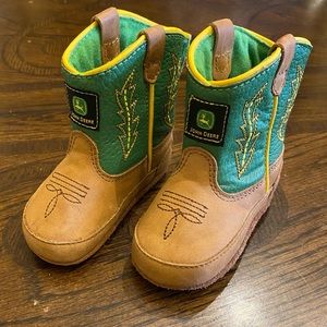 John Deere Infant Pull-On Johnny Popper Leather Boots in Green, Tan & Yellow